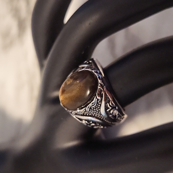 Vintage Tiger Eye Silvery Ring Bohemian Style Size 8 - Picture 10 of 17